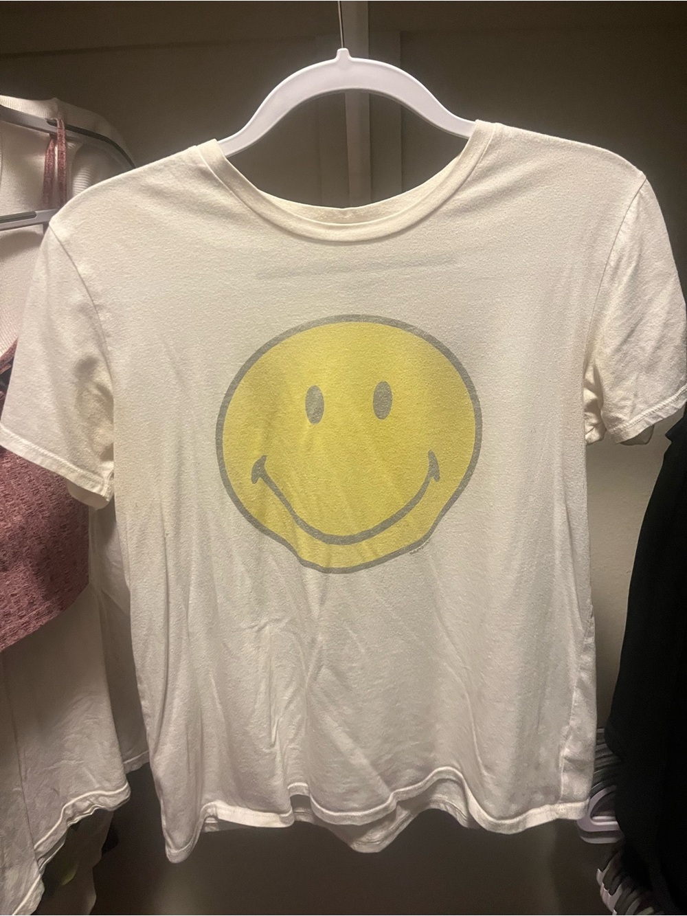 Women’s White Short-Sleeve Tee with Yellow Smiley Graphic